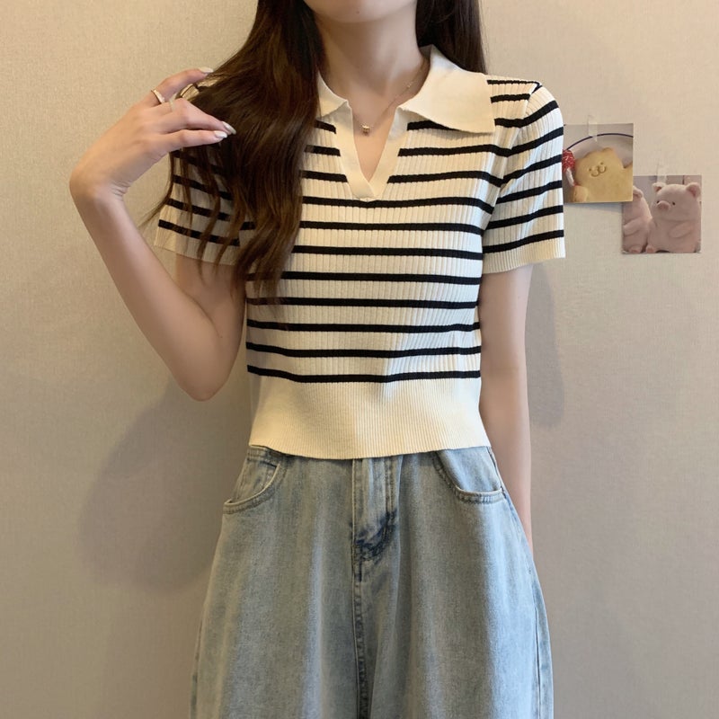 2024 Summer French Design Niche Elegant Slim Top Polo Shirt V-Neck Stripesd Short-Sleeved Knitwear For Women - Image 4